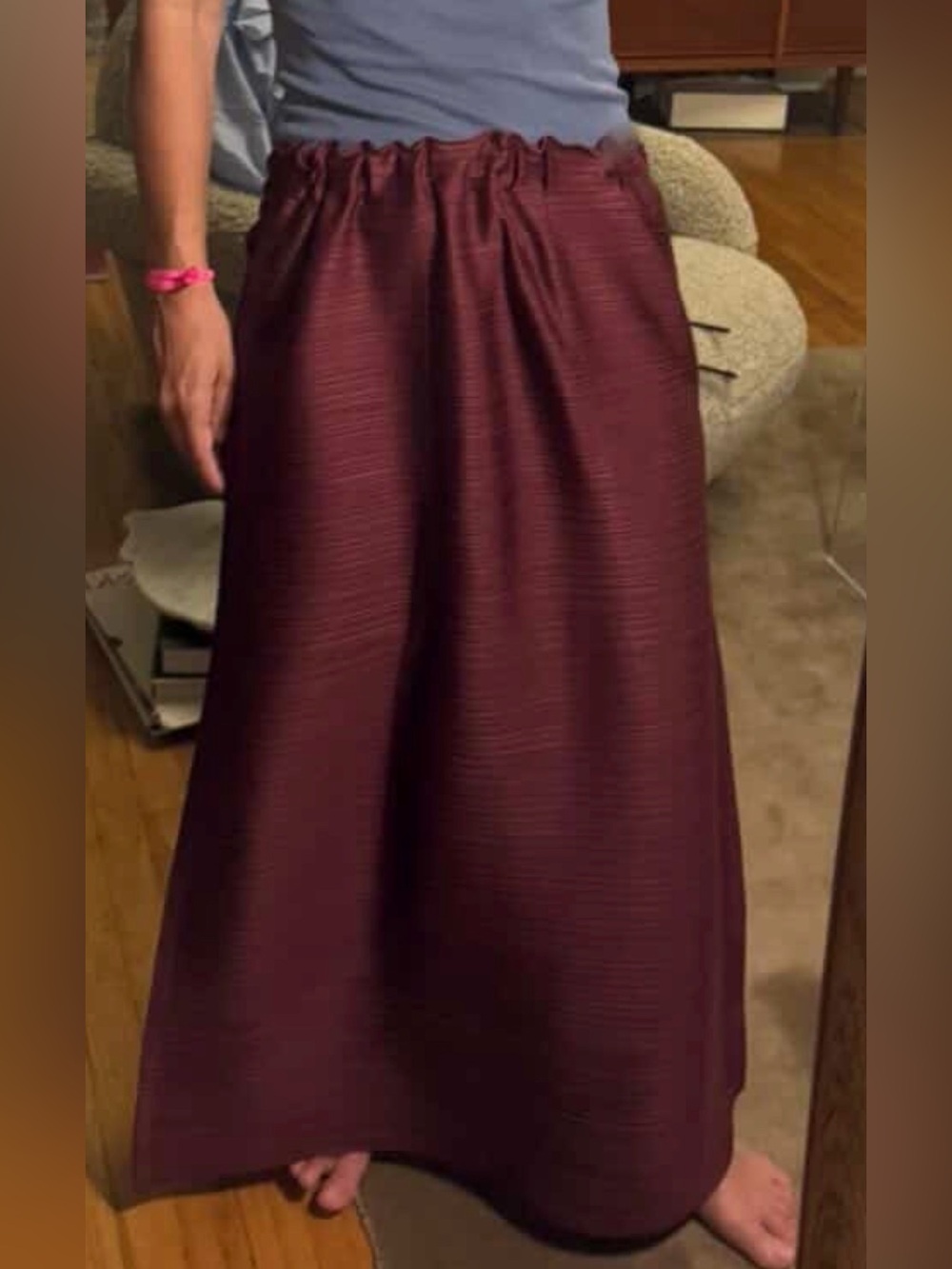 Issey Miyake Ribbed Pleated Midi Skirt in Wine